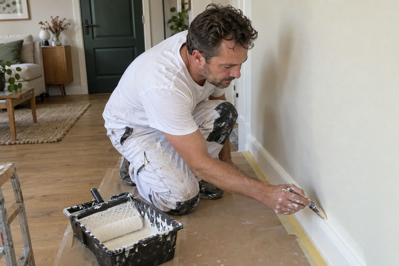 Een schilder in wit werkgoed knielt en zet met de kwast een strakke lijn langs de plint in een afgedekte woonkamer.