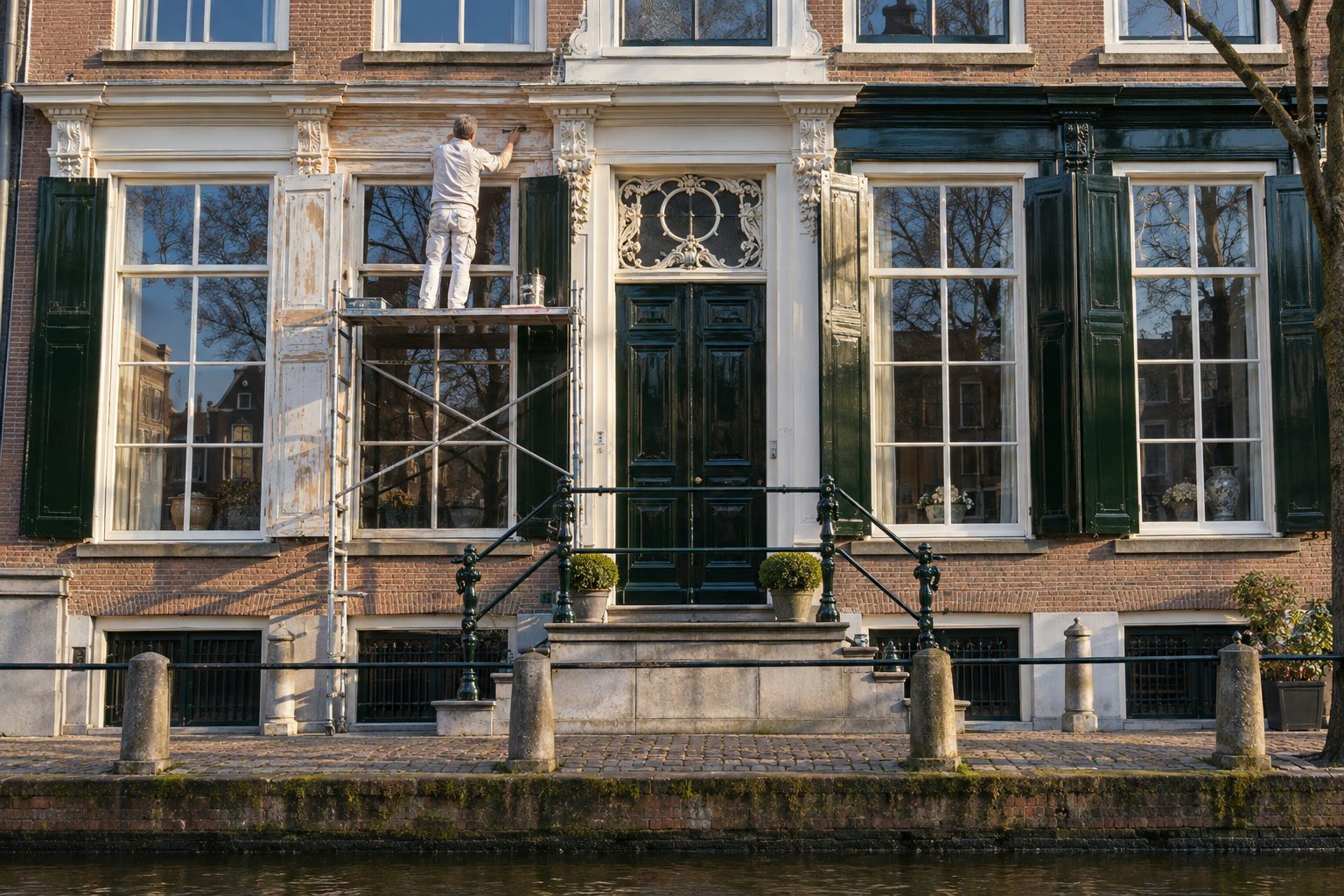 Een schilder op een steigerplank werkt aan het houtwerk van een 18e-eeuws pand: schuiframen, kroonlijst en donkergroene luiken, deels gestript en gegrond.