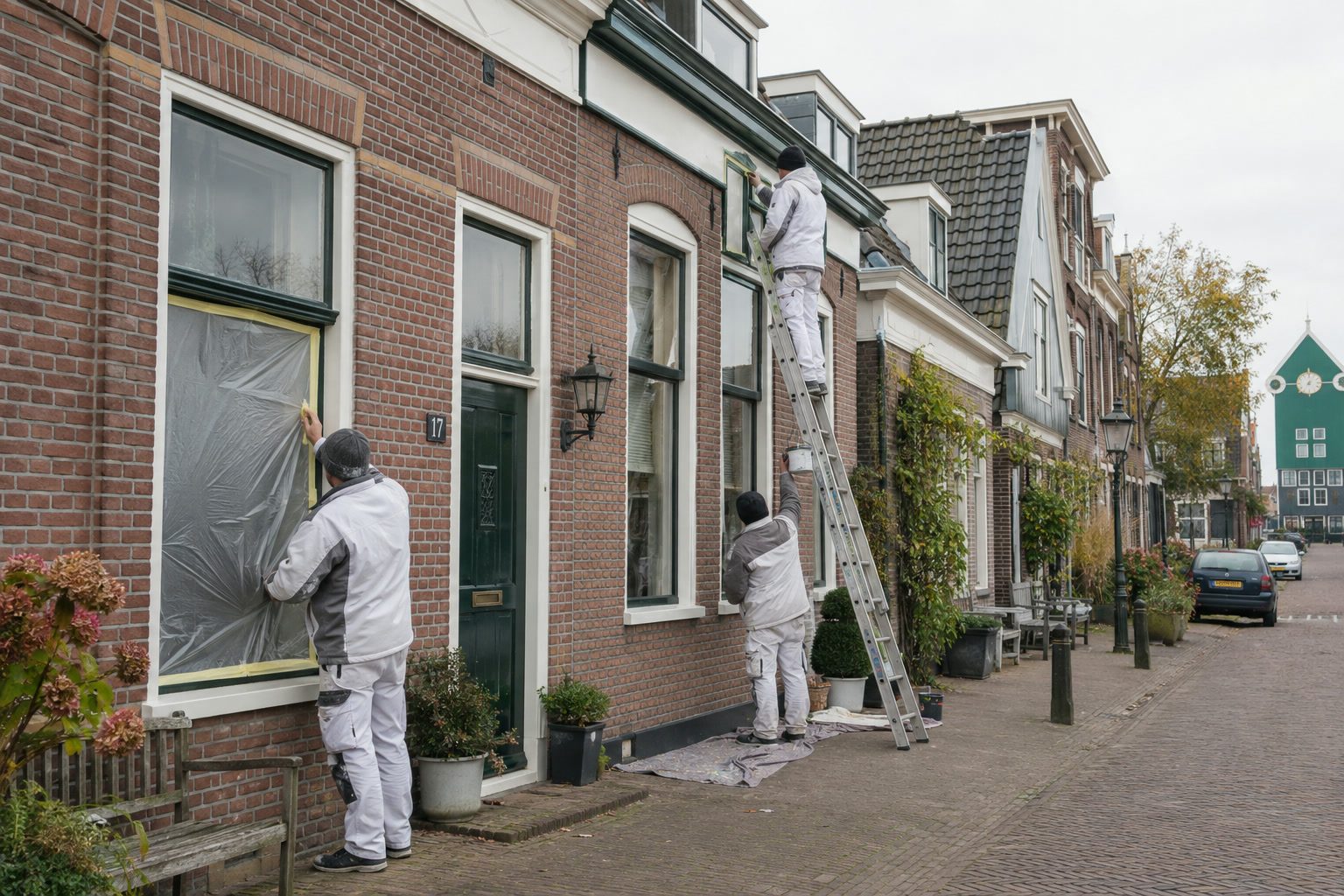 Drie schilders in wit werkgoed aan een hoekpand van baksteen: één op de ladder aan het boeiboord, één plakt een raam af, één werkt op de grond.