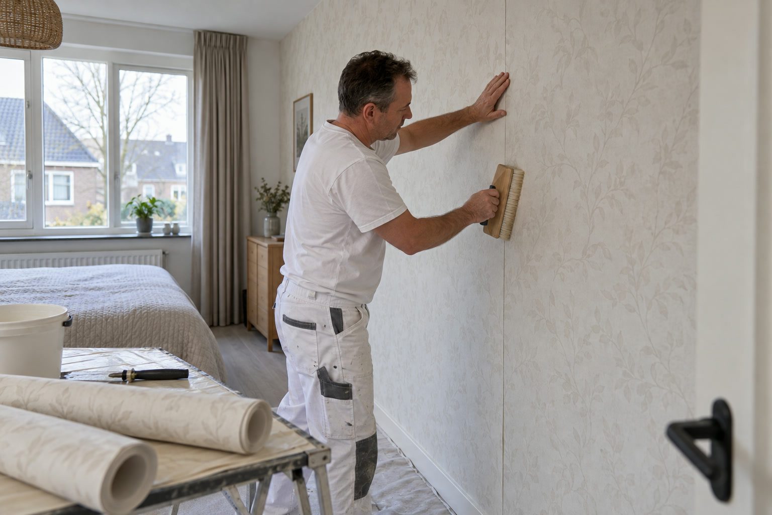 Professionele behanger brengt een baan behang naadloos aan met een behangborstel